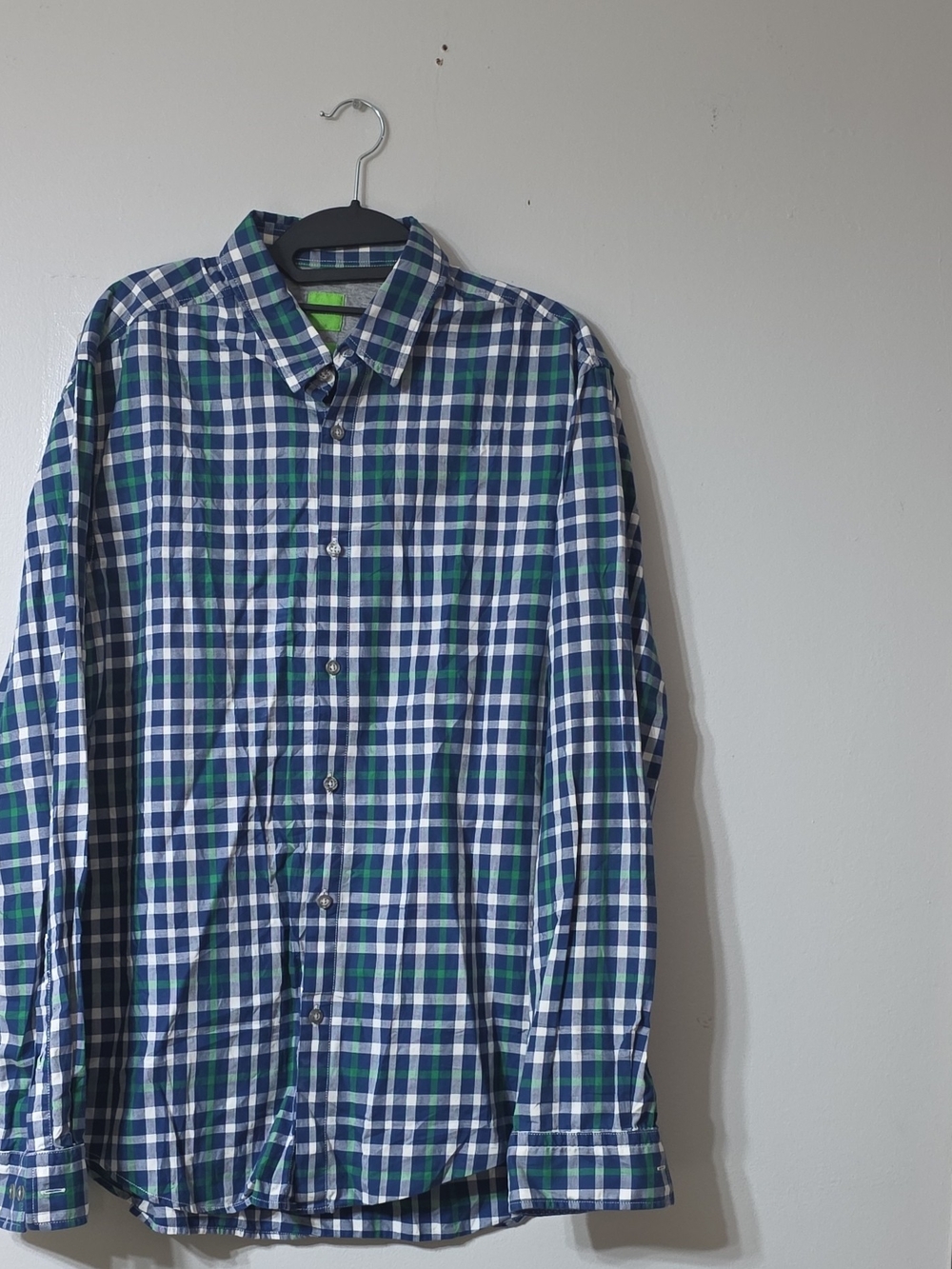 Men's Blue and Green Plaid Button-Up Shirt